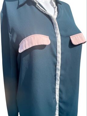 Zara Teal Blouse with Pink Pocket Flaps and White Trim. Size S.